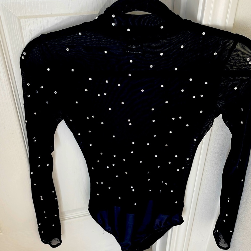 Out From Under Sexy Black Mesh with Rhinestones Mockneck Bodysuit